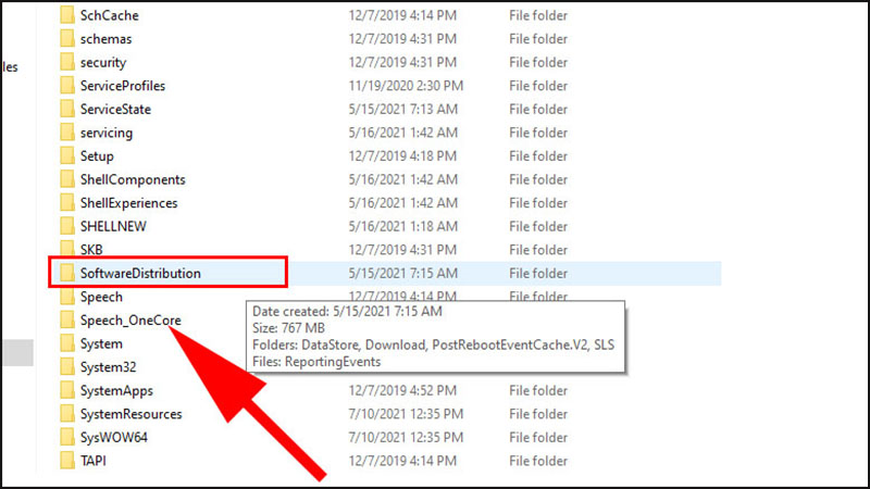 Chọn file SoftwareDistribution